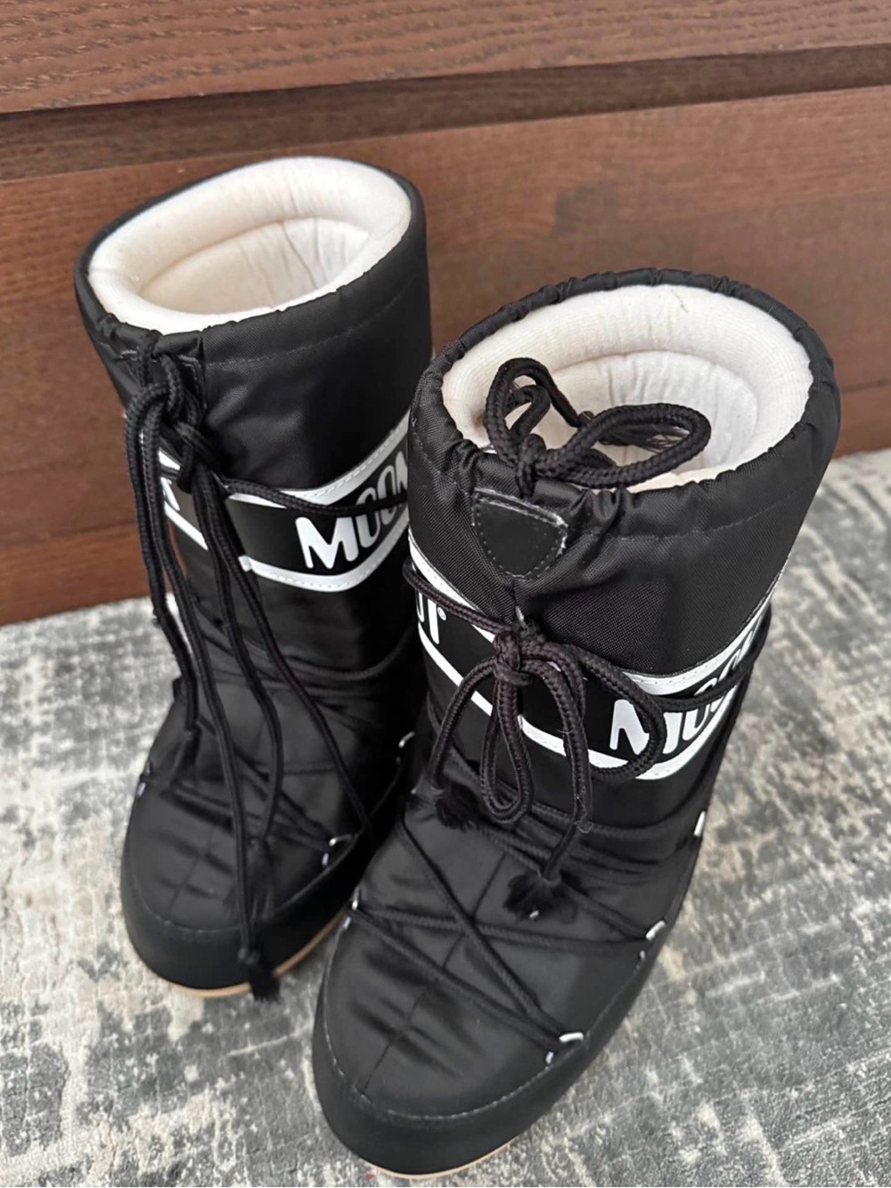 Moon Boots Black Lace-Up Snow Boots with White Trim